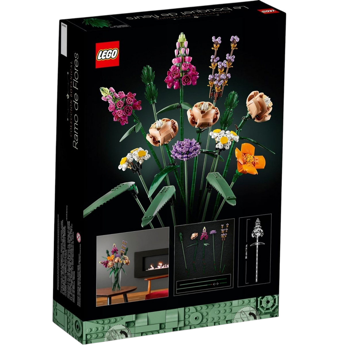 [box-back] A Brick Apart LEGO Icons Flower Bouquet set box featuring a colorful buildable botanical display of plastic flowers.