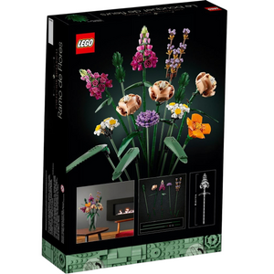 [box-back] A Brick Apart LEGO Icons Flower Bouquet set box featuring a colorful buildable botanical display of plastic flowers.