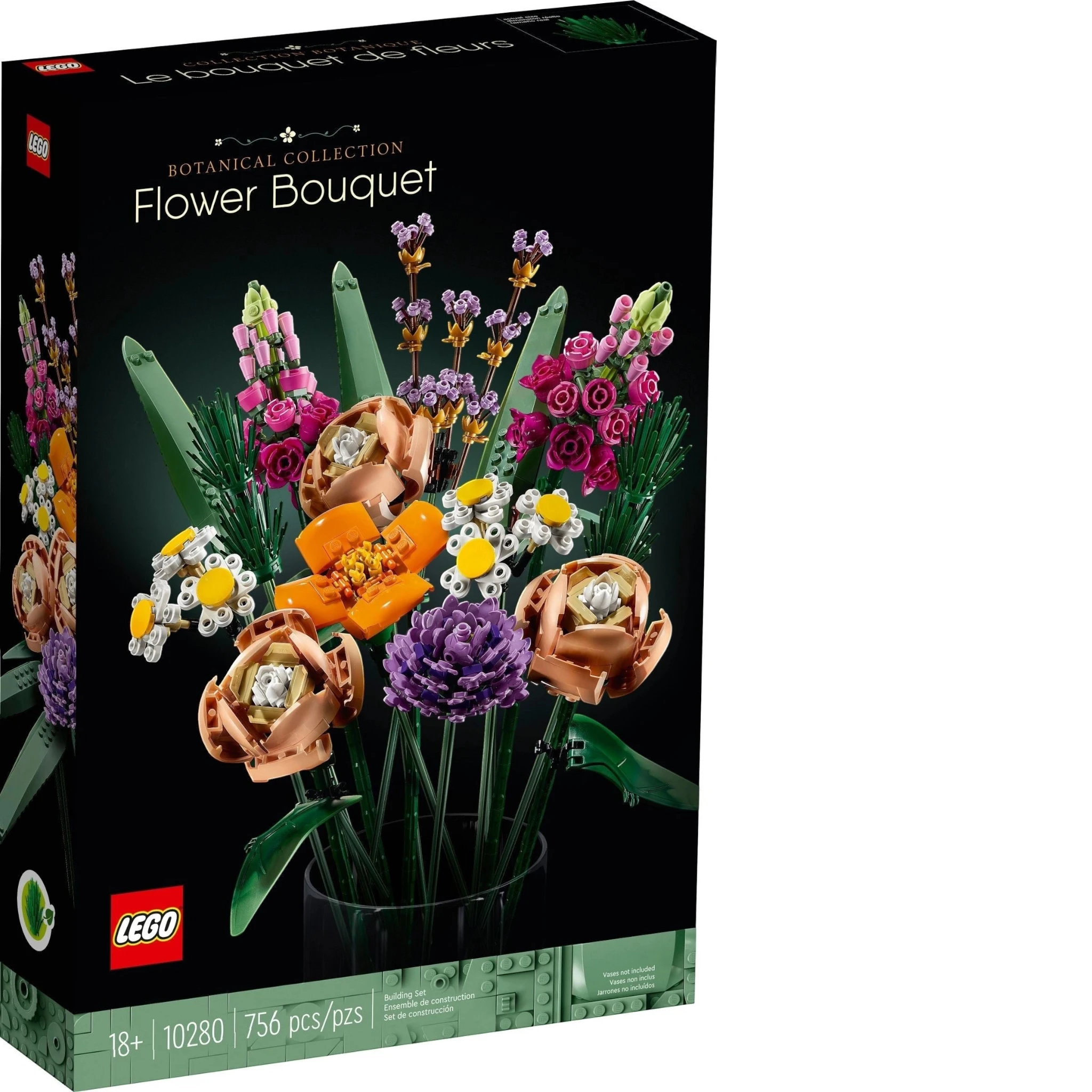 A Brick Apart LEGO Icons Flower Bouquet building set box featuring a colorful floral arrangement on a black background.