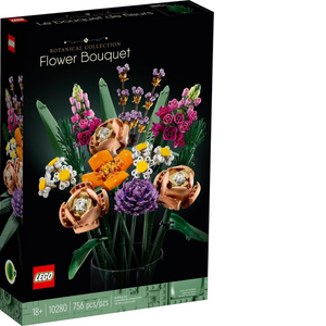A Brick Apart LEGO Icons Flower Bouquet building set box featuring a colorful floral arrangement on a black background.