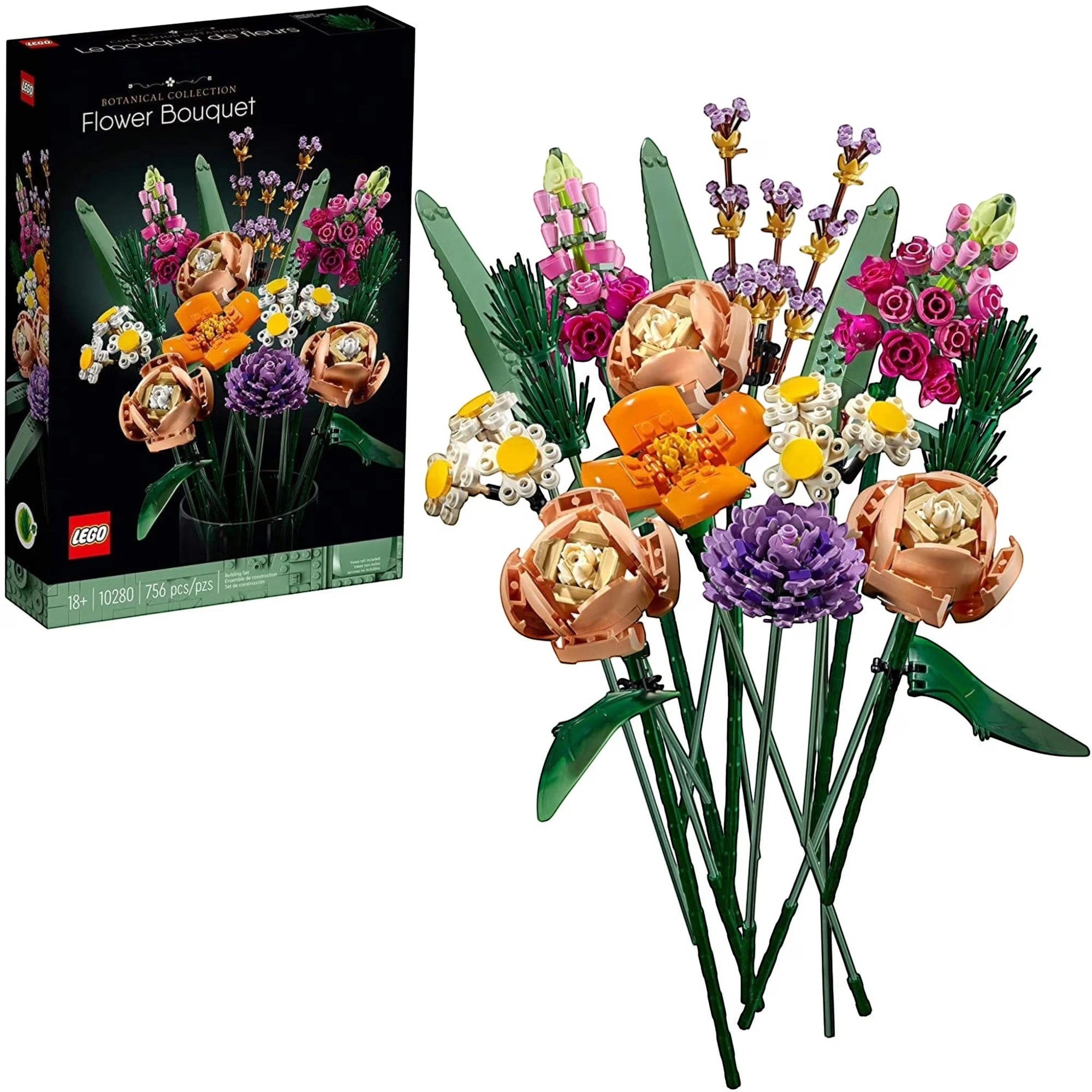 A Brick Apart LEGO Icons Flower Bouquet set featuring colorful buildable flowers like roses and daisies in a vase.