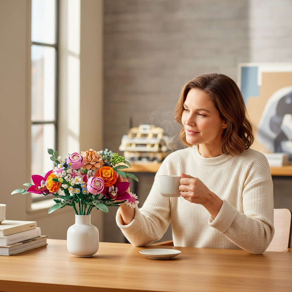 A Brick Apart LEGO Botanicals Pretty Pink Flower Bouquet in a white vase on a table with a woman drinking coffee.