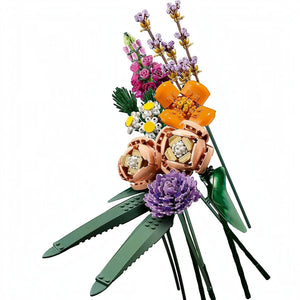 A Brick Apart LEGO Flower Bouquet 10280 featuring vibrant plastic roses, daisies, and lavender with adjustable stems.