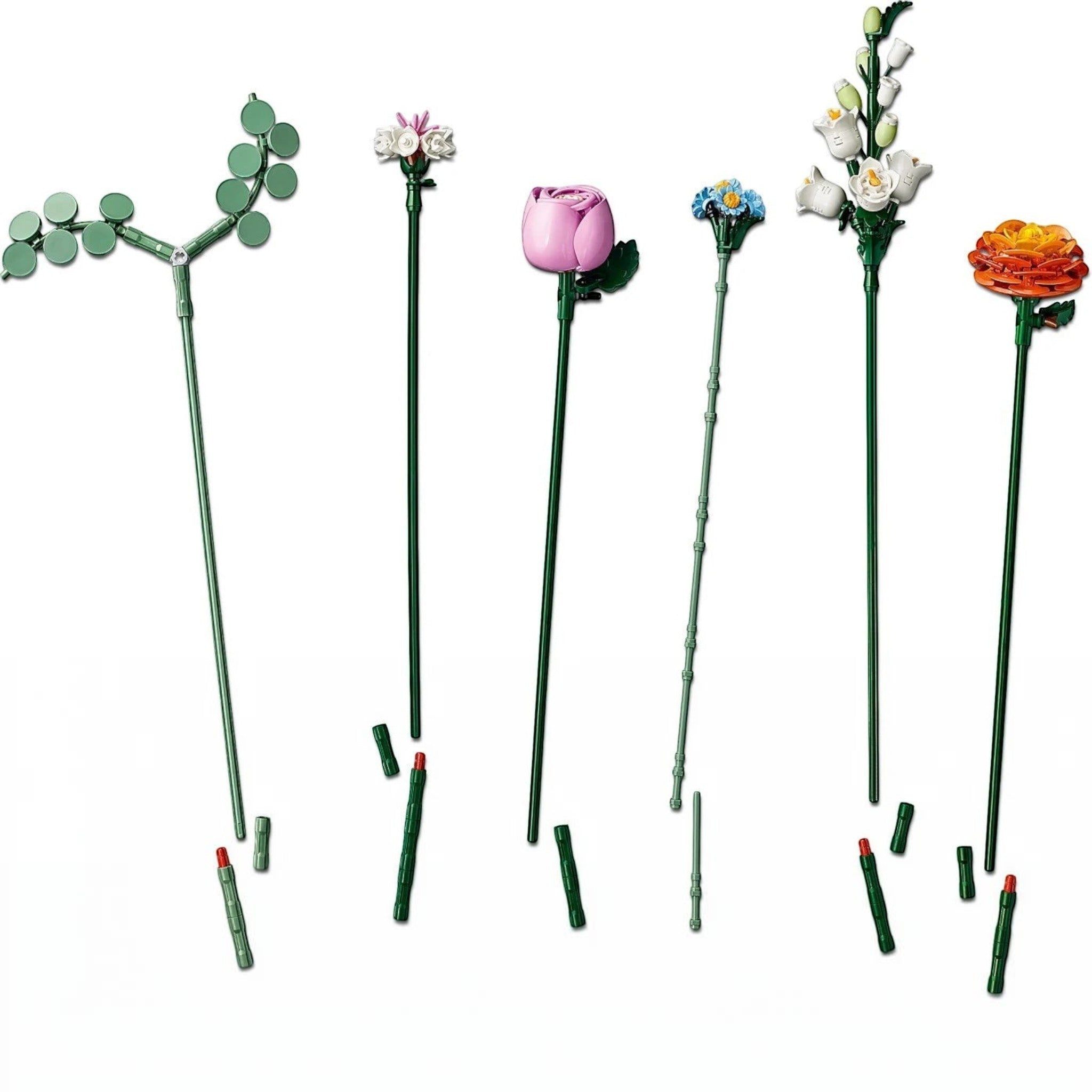 A Brick Apart LEGO Botanicals Pretty Pink Flower Bouquet stems including roses, orchids, and eucalyptus on white background