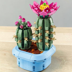 A Brick Apart LEGO Botanicals Flowering Cactus set featuring two green cacti with pink flowers in a pastel blue pot.