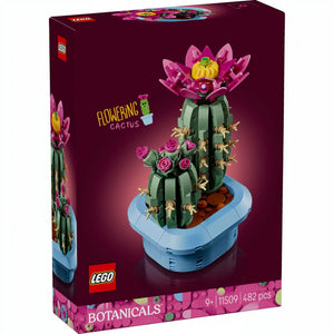 A Brick Apart LEGO Botanicals Flowering Cactus set box featuring two green cacti with pink flowers in a blue pot.