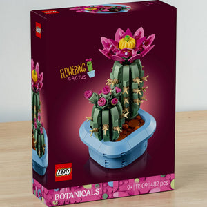 A Brick Apart LEGO Botanicals Flowering Cactus set box featuring two green cacti with pink flowers in a blue pot.