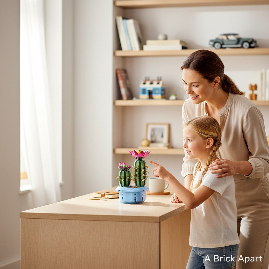 A Brick Apart LEGO Botanicals Flowering Cactus set with pink flowers in a blue pot, displayed on a table with a girl.