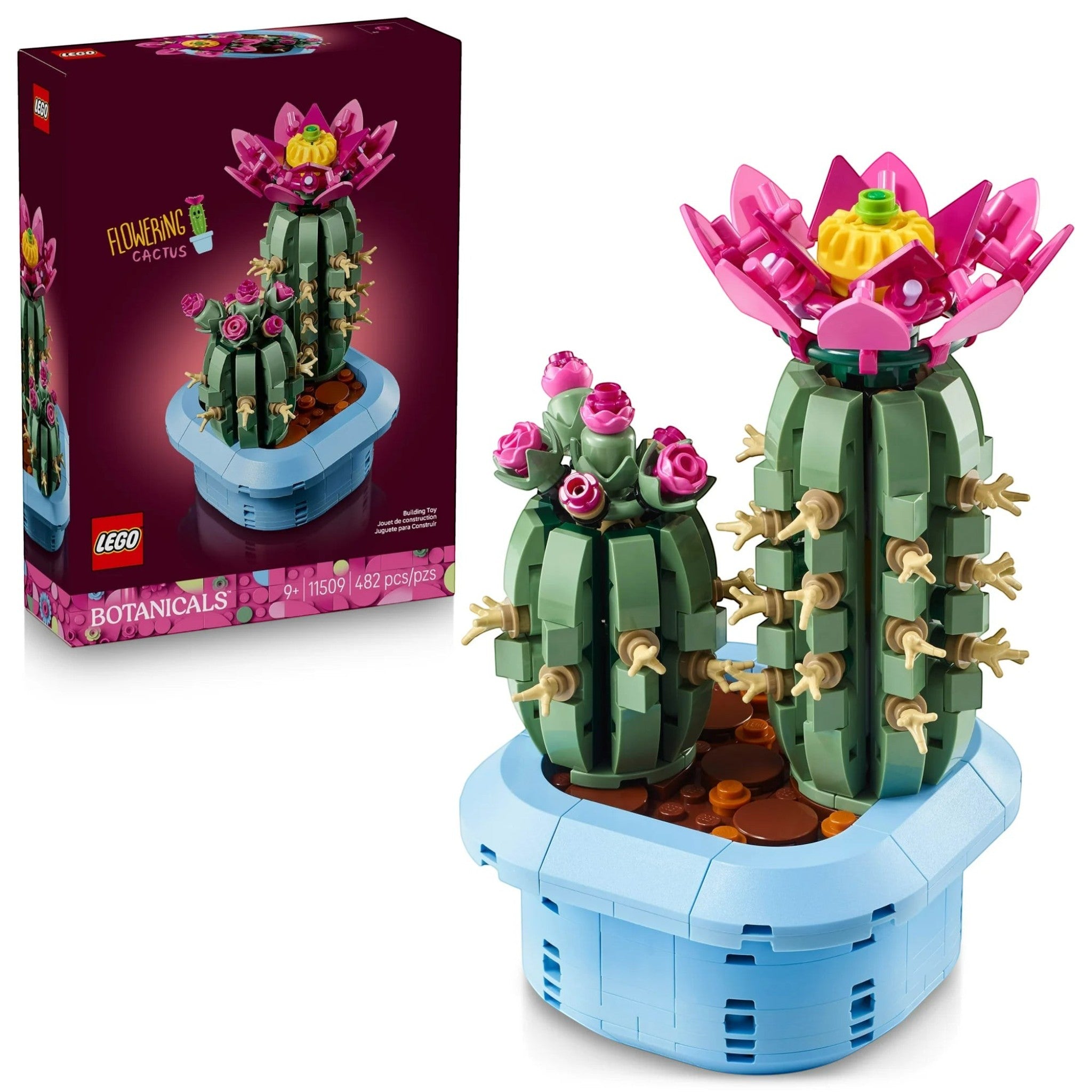 A Brick Apart LEGO Botanicals Flowering Cactus set featuring two green cacti with pink flowers in a pastel blue pot.