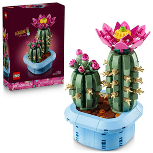 A Brick Apart LEGO Botanicals Flowering Cactus set featuring two green cacti with pink flowers in a pastel blue pot.