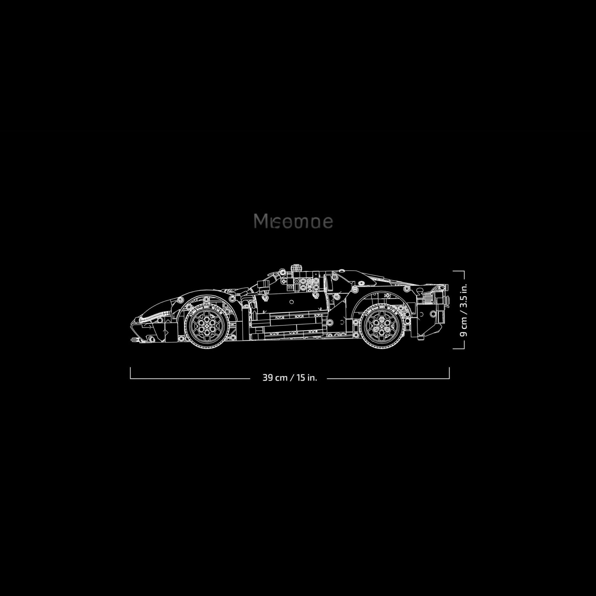 A Brick Apart LEGO Technic 2022 Ford GT model shown in a white line drawing side profile with dimensions.