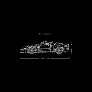 A Brick Apart LEGO Technic 2022 Ford GT model shown in a white line drawing side profile with dimensions.