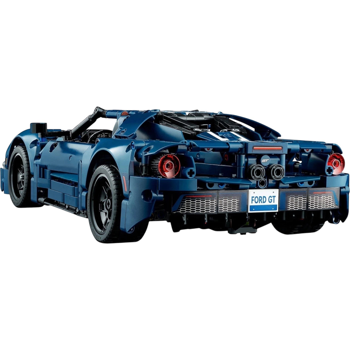 [built-angle] A Brick Apart LEGO Technic 2022 Ford GT model seen from the rear, showcasing the dark blue body and detailed taillights.