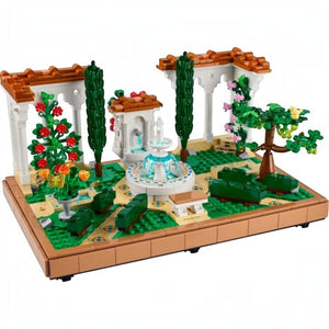 A Brick Apart LEGO Icons Fountain Garden building set featuring a tiered fountain, white pergolas, and lush greenery.