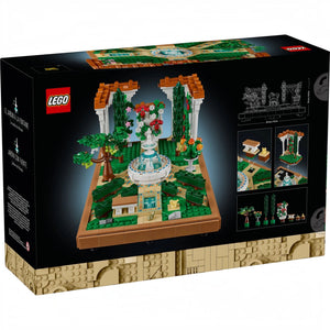 A Brick Apart LEGO Icons Fountain Garden building set box showing a detailed miniature garden with a tiered fountain.