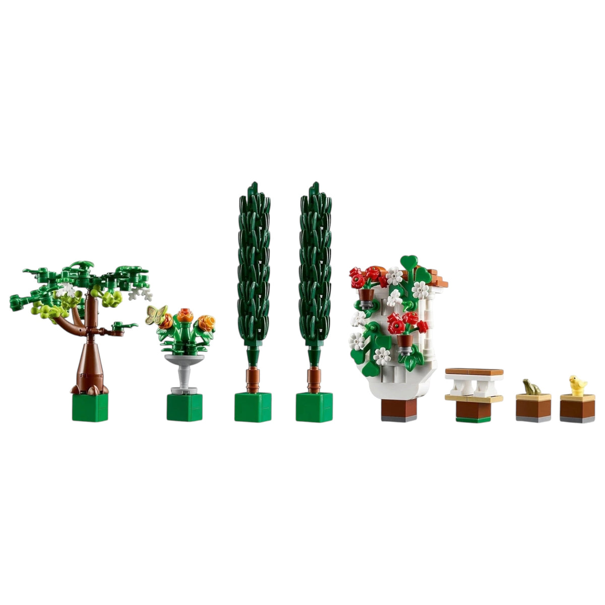 [parts] A Brick Apart LEGO Icons Fountain Garden set featuring miniature trees, a fountain, flowers, and animal figures.