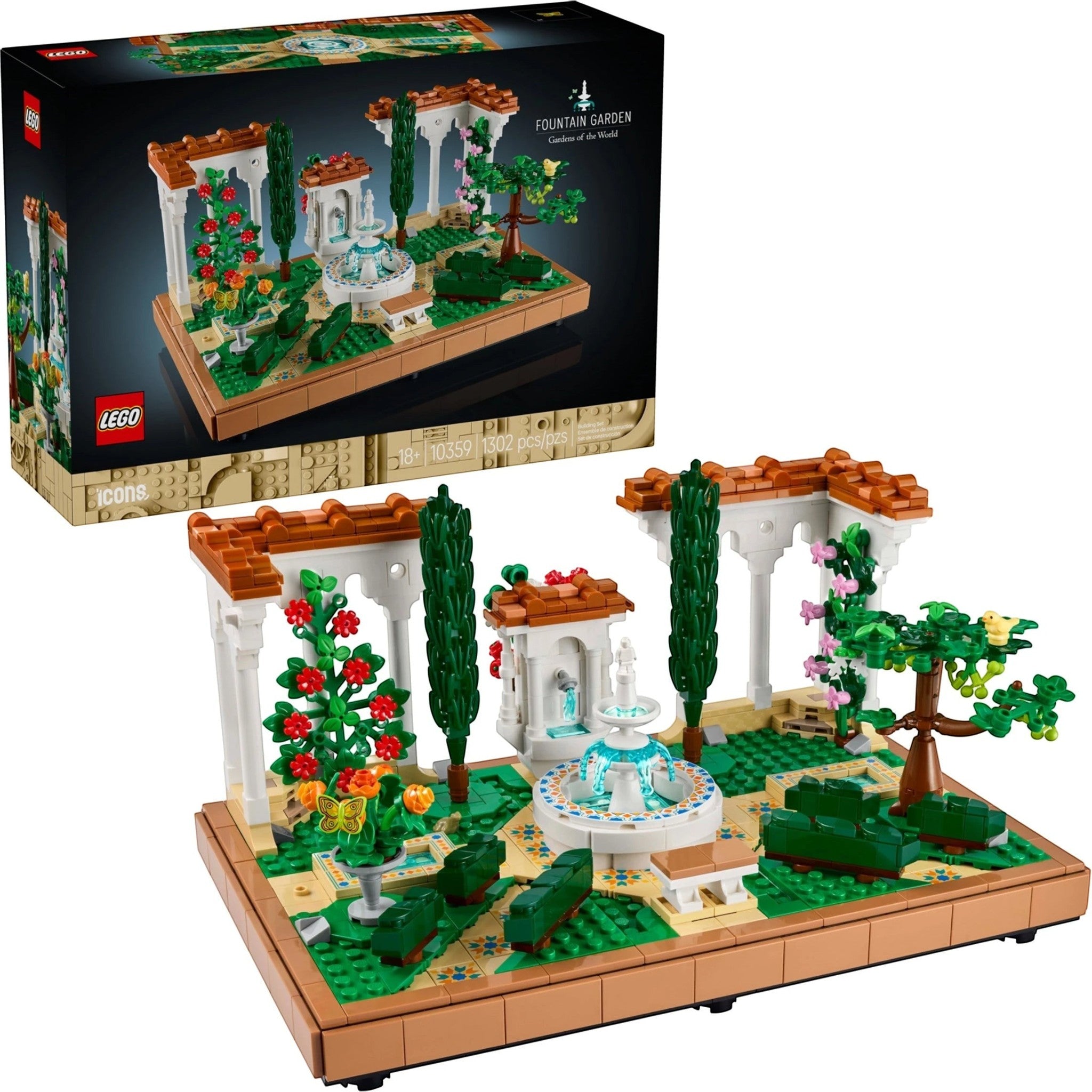 A Brick Apart LEGO Icons Fountain Garden building set featuring a tiered fountain, white pergolas, and colorful flowers.