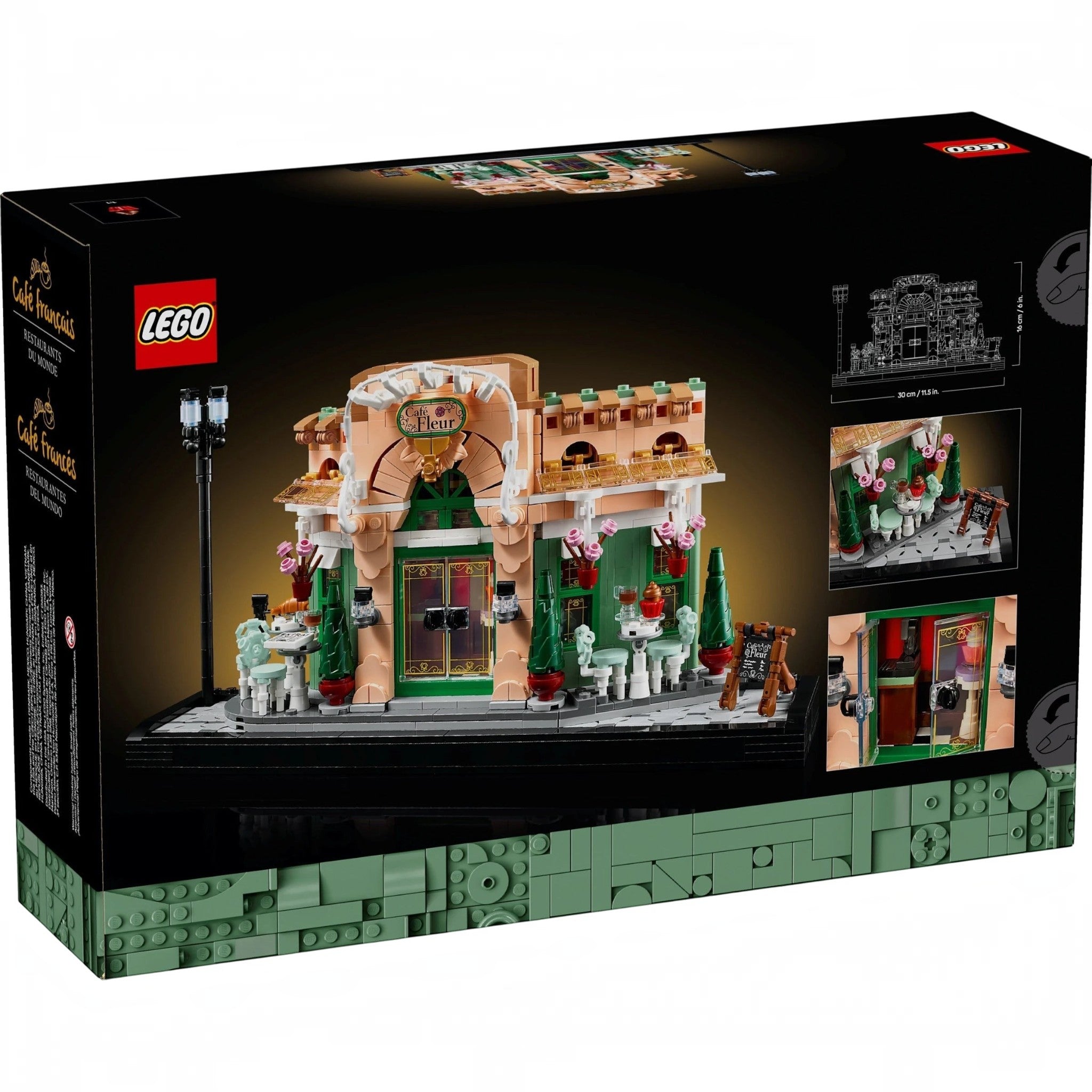 A Brick Apart LEGO Icons French Café building set box showing the completed Café Fleur bistro model with outdoor seating