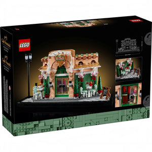 A Brick Apart LEGO Icons French Café building set box showing the completed Café Fleur bistro model with outdoor seating