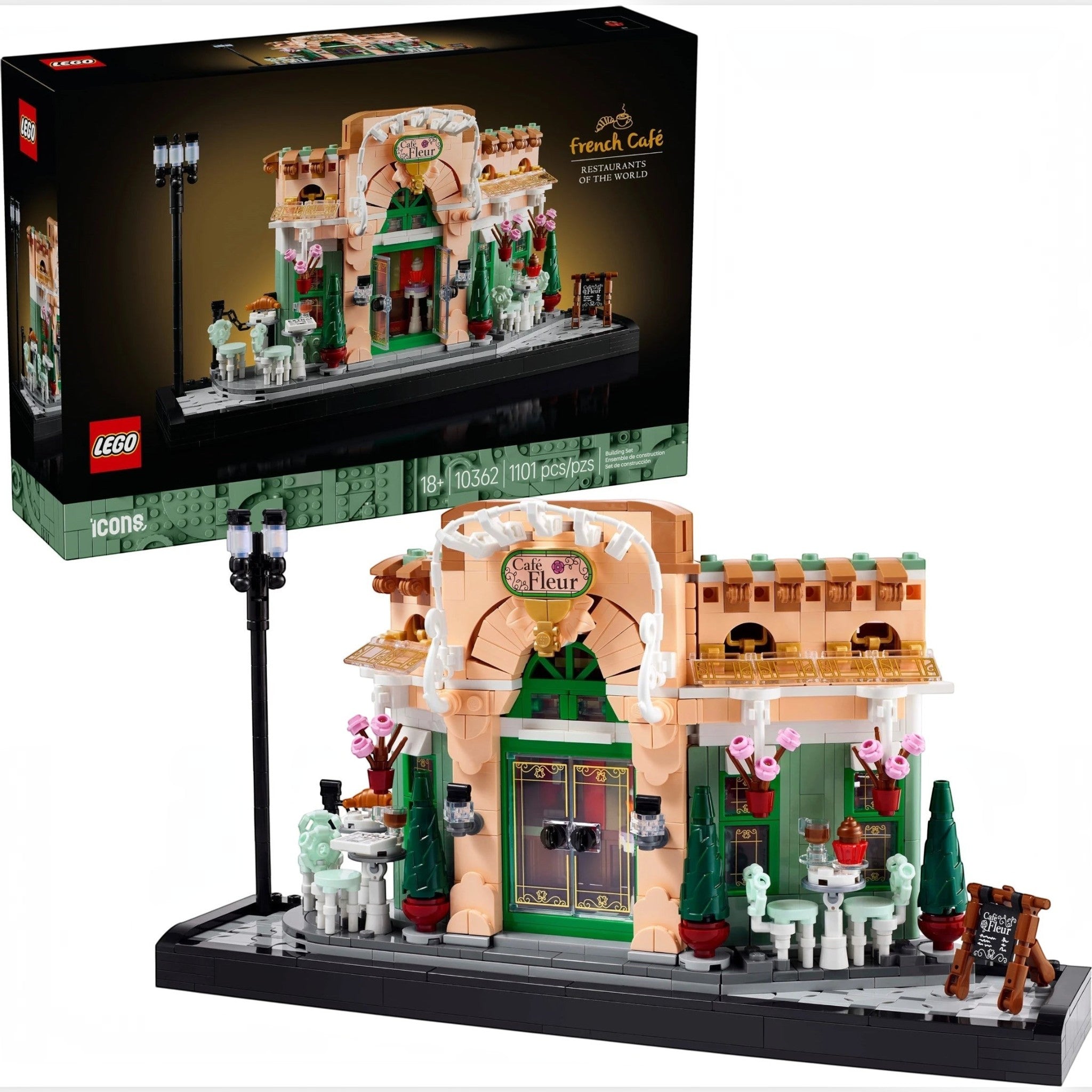 A Brick Apart LEGO Icons French Café building set featuring a detailed bistro facade with flowerpots and streetlamp.