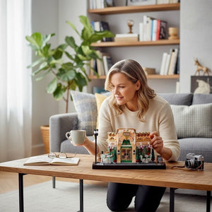 [lifestyle-person] A Brick Apart LEGO Icons French Café set displayed on a wooden table by a woman holding a steaming mug of coffee.