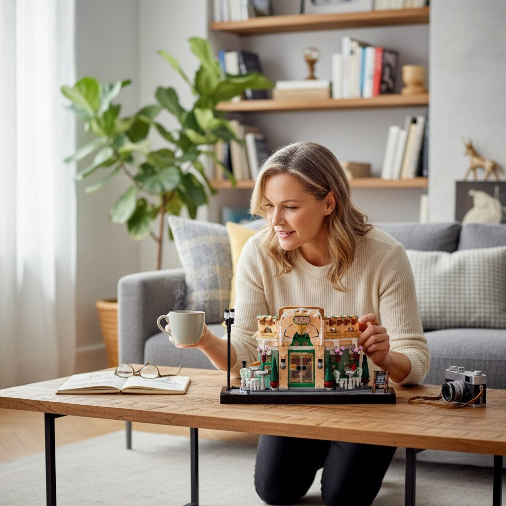 A Brick Apart LEGO Icons French Café set displayed on a wooden table by a woman holding a steaming mug of coffee.