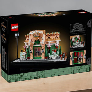 [lifestyle-shelf-box] A Brick Apart LEGO Icons French Café building set box showing the detailed bistro model with flowerpots and seating.