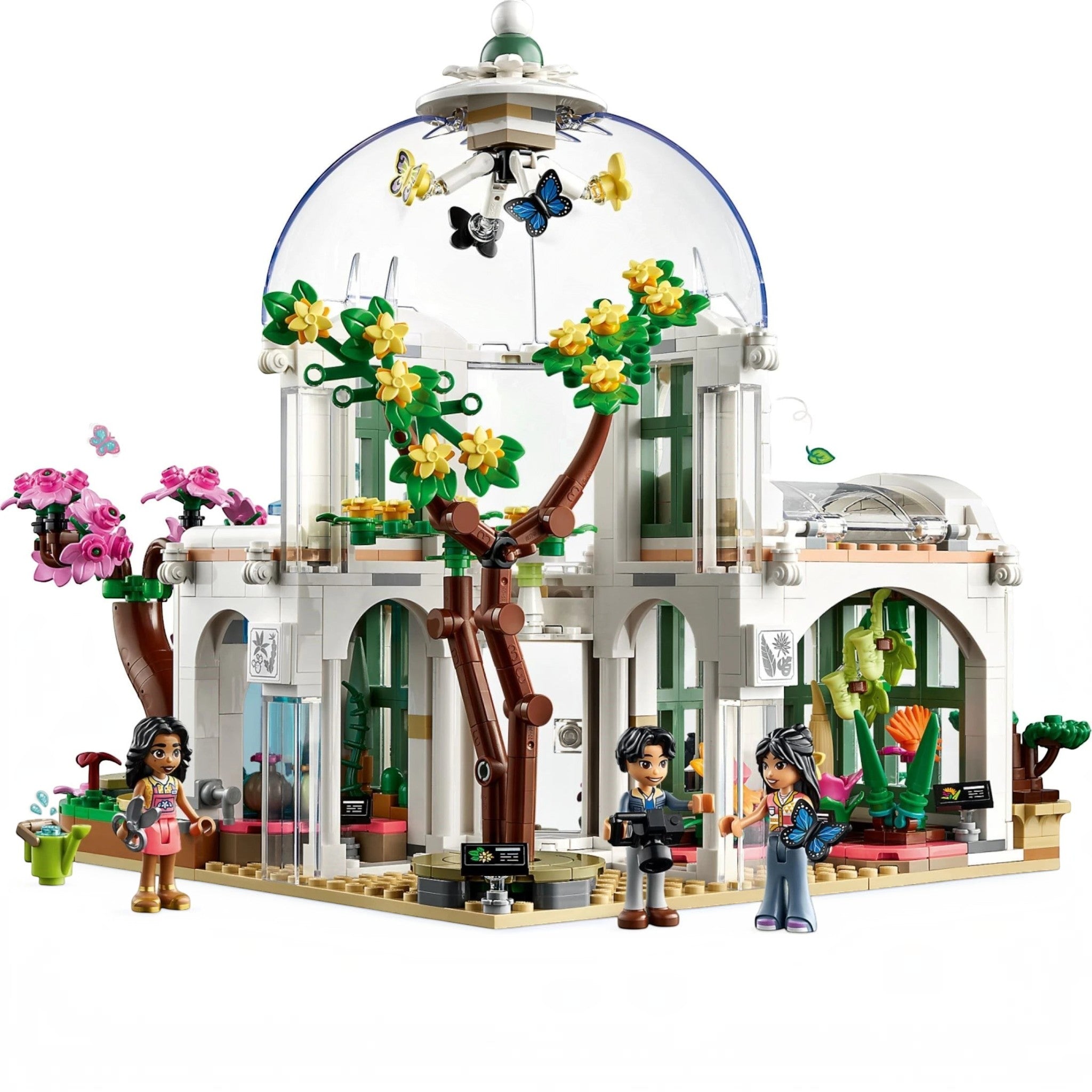 A Brick Apart LEGO Friends Botanical Garden set with a glass dome, exotic plants, and three mini-doll figures.