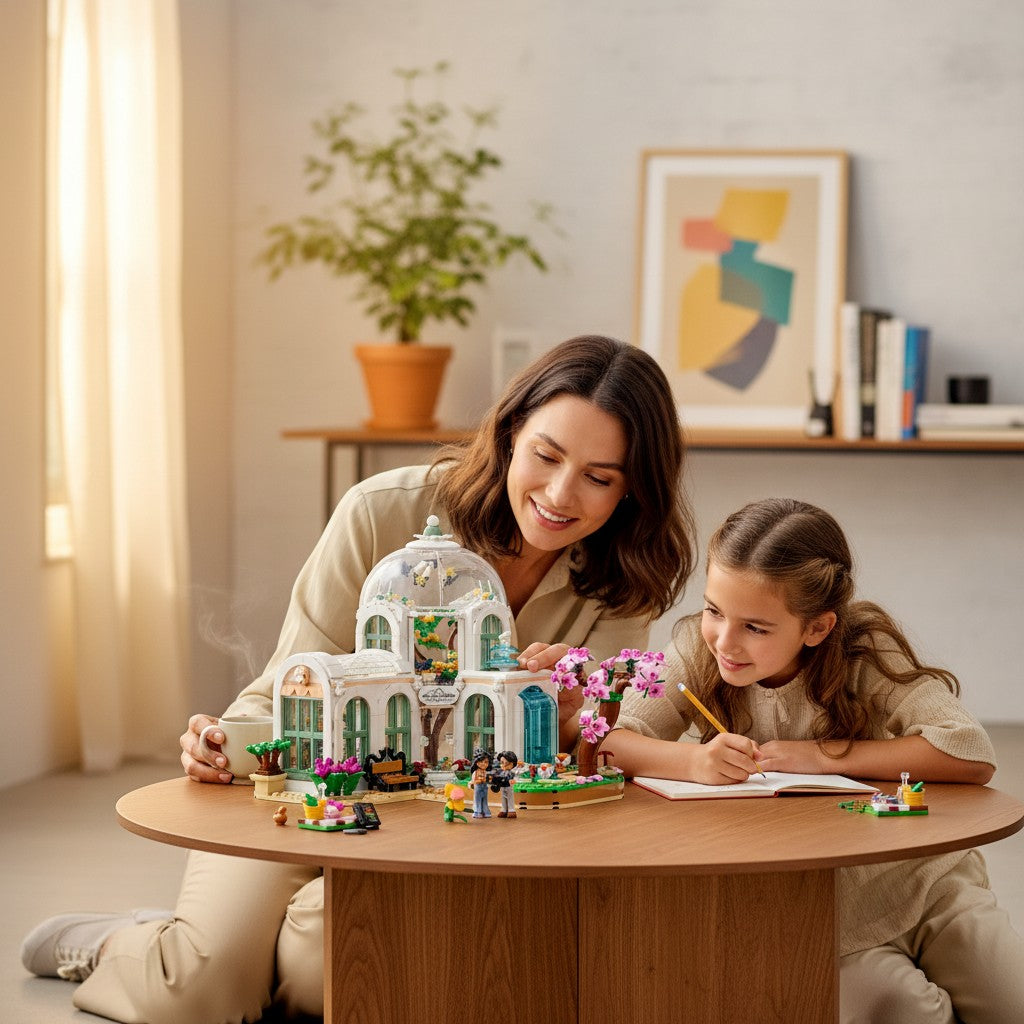 A Brick Apart LEGO Friends Botanical Garden set with a glass dome, exotic plants, and figures on a wooden table.