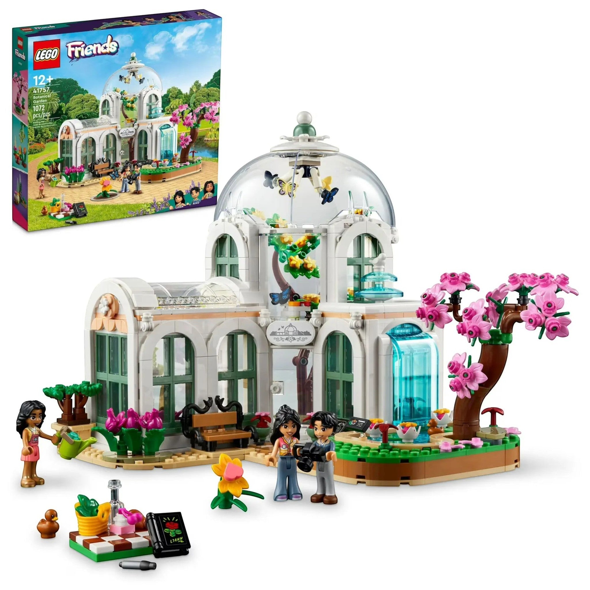 A Brick Apart LEGO Friends Botanical Garden set with a glass dome, exotic plants, waterfall, and three mini-dolls.