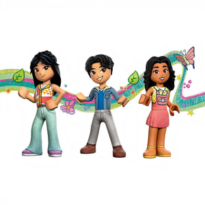 A Brick Apart LEGO Friends Botanical Garden set featuring three diverse character mini-dolls with colorful outfits.
