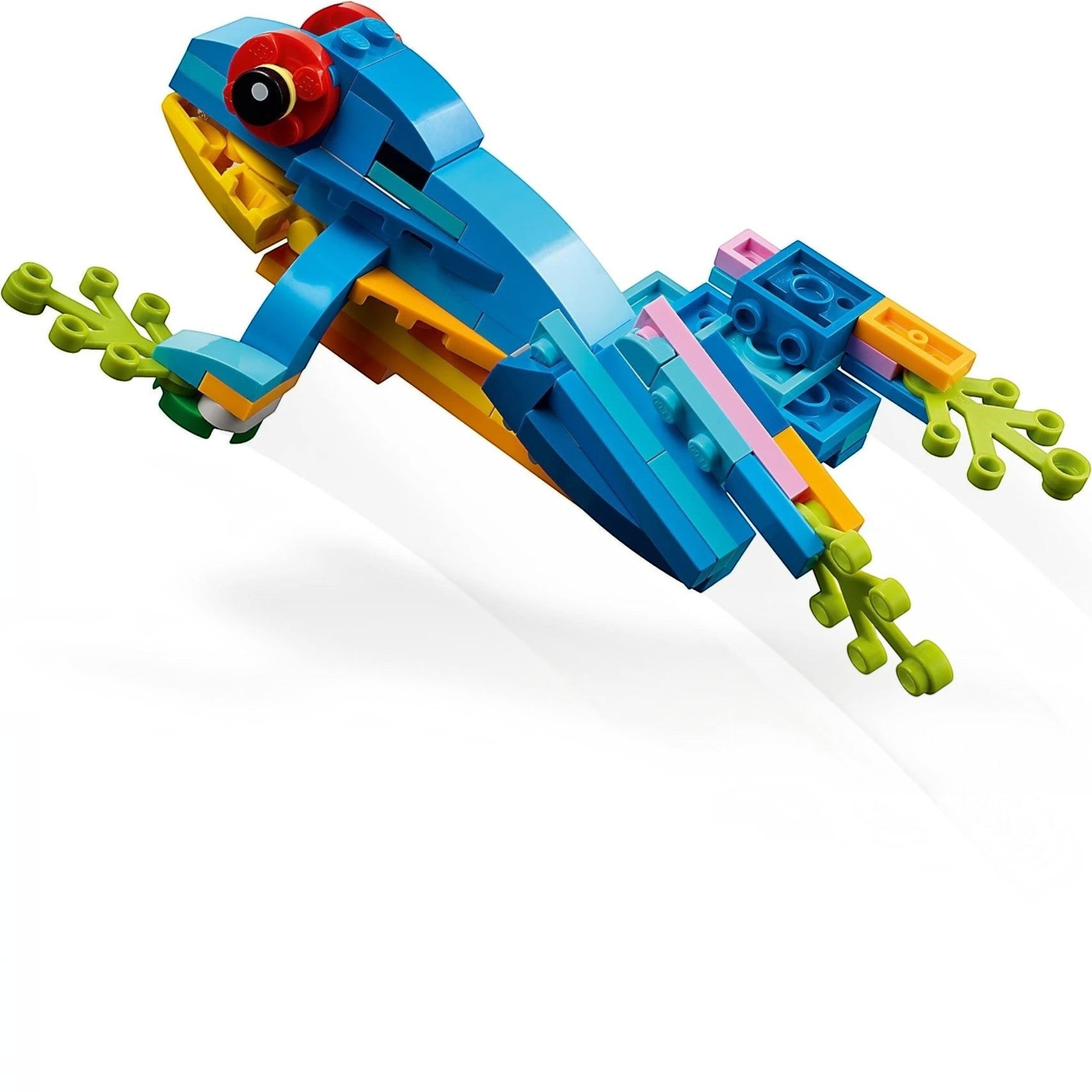 A Brick Apart LEGO Creator 3in1 exotic frog build with vibrant blue, yellow, and green plastic bricks.