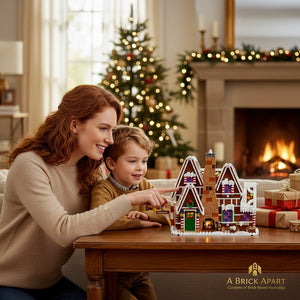 A Brick Apart LEGO Creator Expert Gingerbread House set with candy-themed details, displayed by a mother and son.