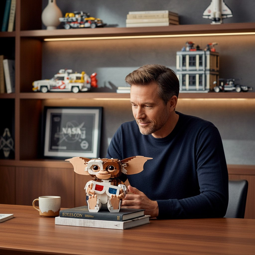 A Brick Apart LEGO Ideas Gizmo figure with 3D glasses sitting on a desk in front of a man in a home office setting.