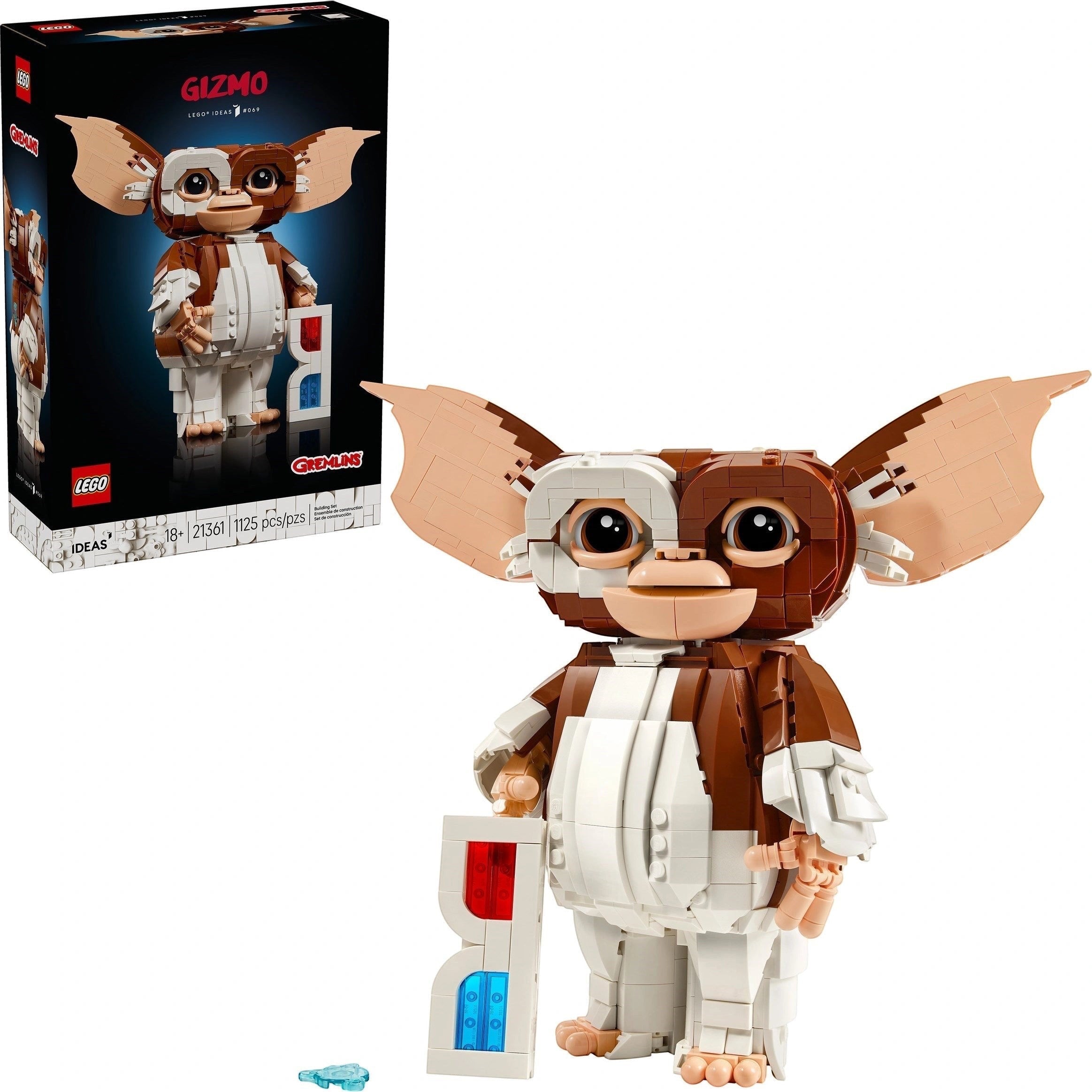 A Brick Apart LEGO Ideas Gremlins Gizmo posable figure with large ears, brown and white fur, and 3D glasses accessory.