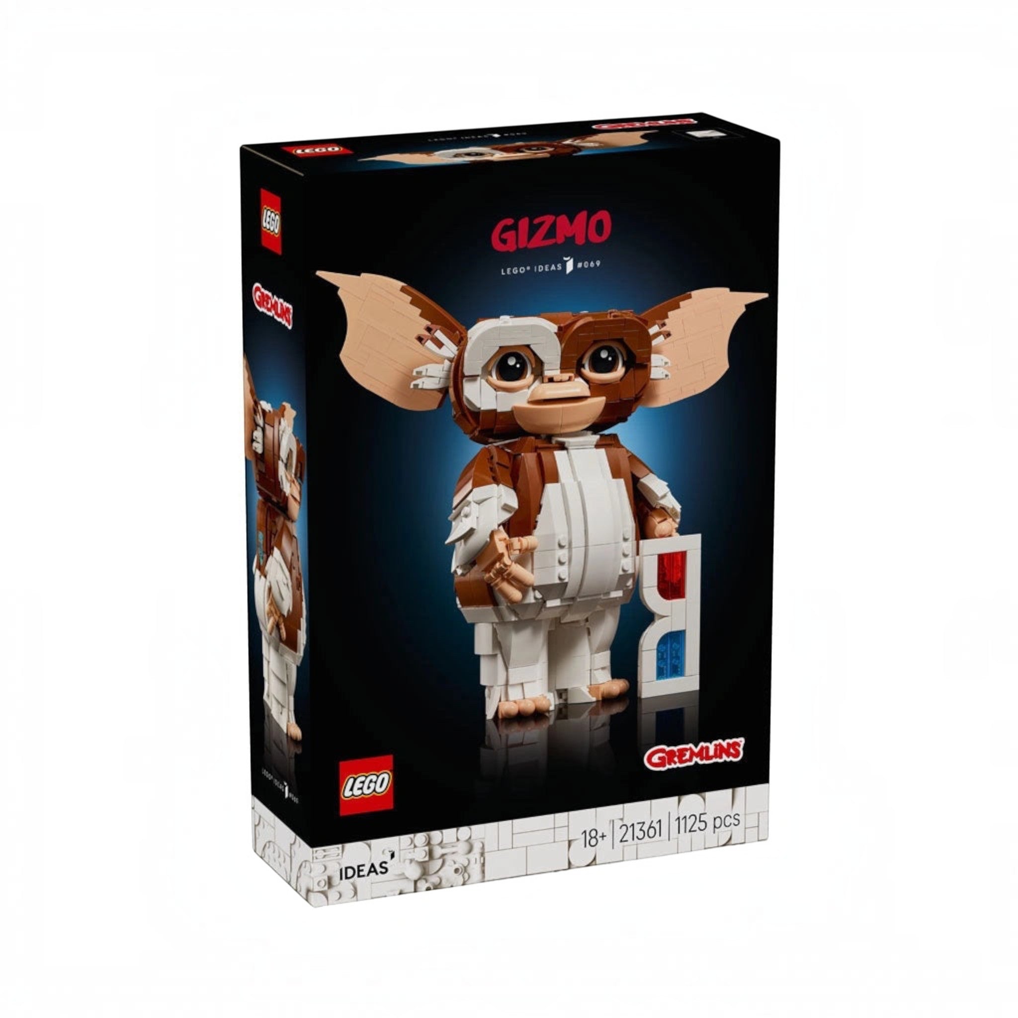 A Brick Apart LEGO Ideas Gremlins Gizmo building set box featuring the posable Mogwai figure with 3D glasses.