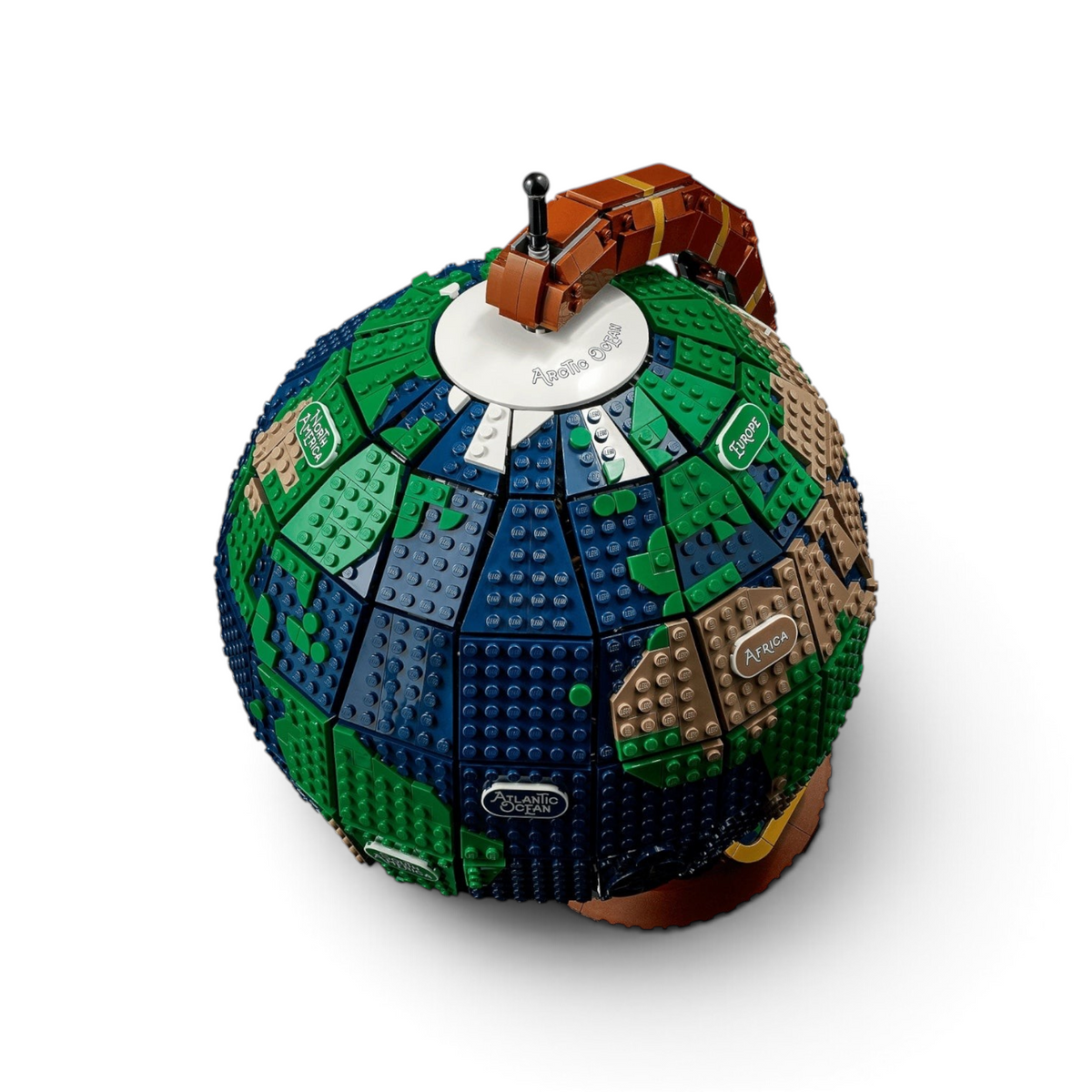 [built-angle] A Brick Apart LEGO Ideas The Globe set featuring a spinning vintage Earth model with blue, green, and tan bricks.