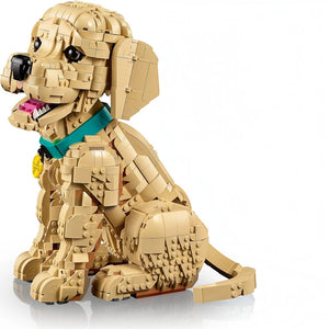 A Brick Apart LEGO Icons Golden Retriever puppy model with tan bricks, a teal collar, and a yellow medallion.