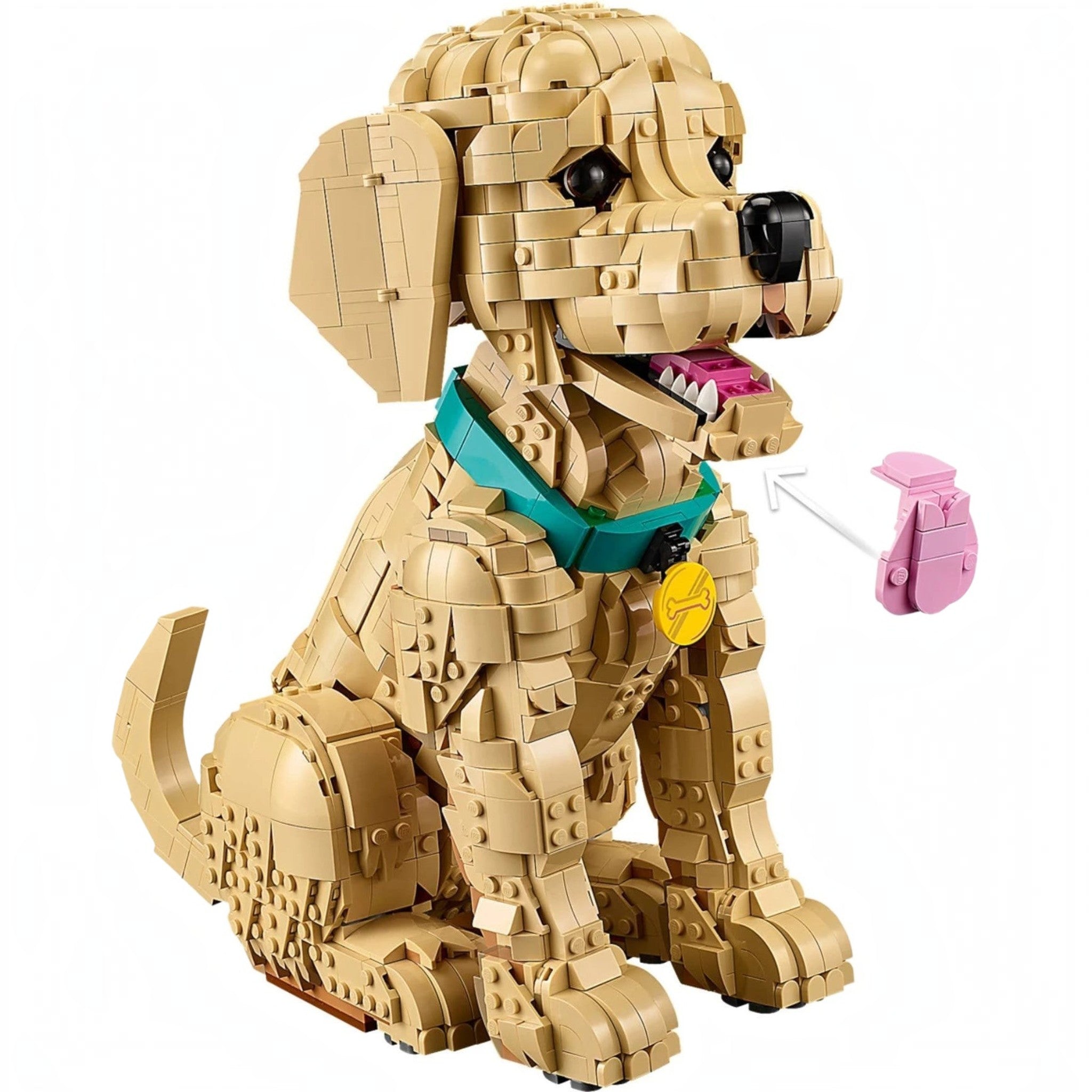 A Brick Apart LEGO Icons Golden Retriever puppy building set with a teal collar, yellow medallion, and pink tongue.