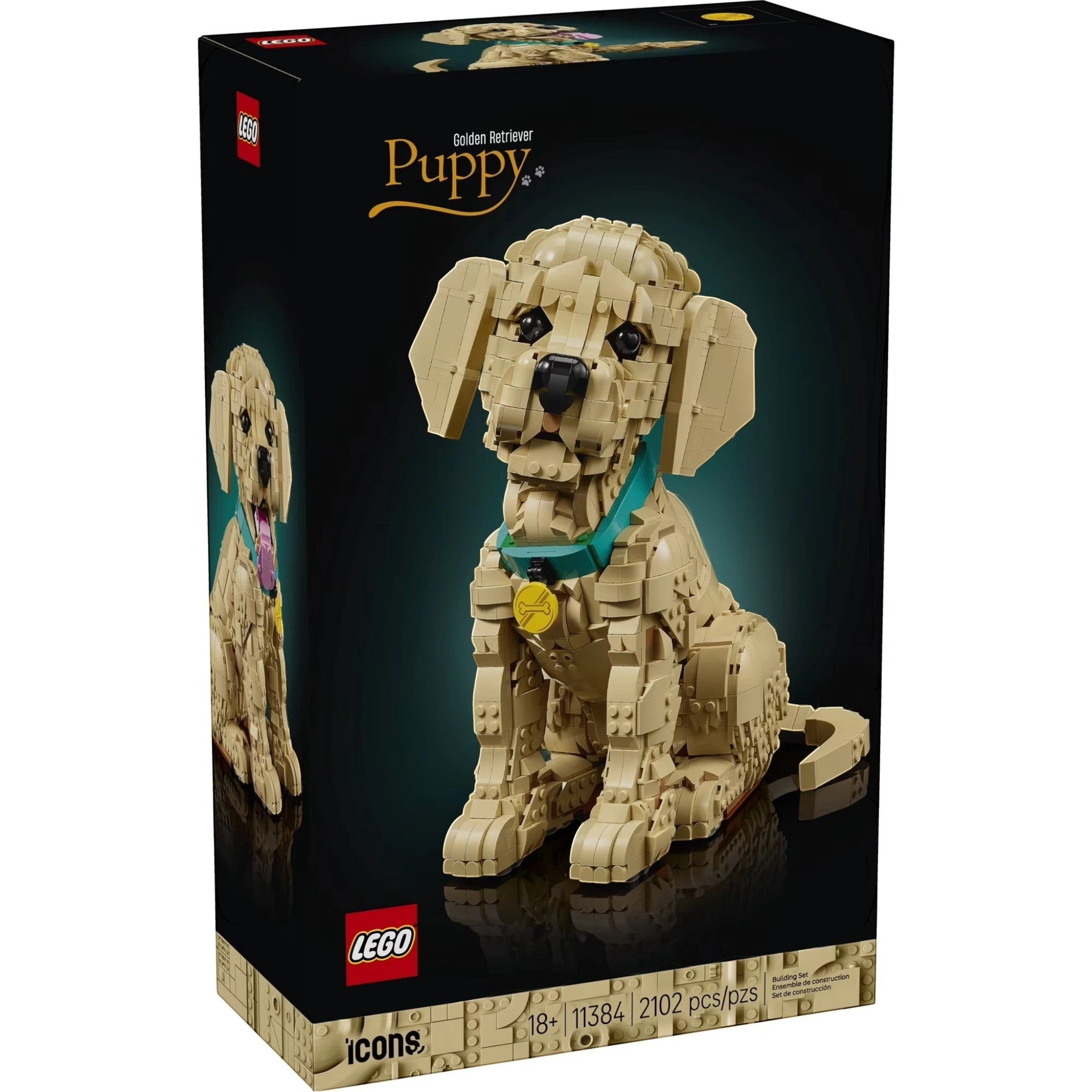A Brick Apart LEGO Icons Golden Retriever Puppy building set box featuring a posable tan dog model with a teal collar.