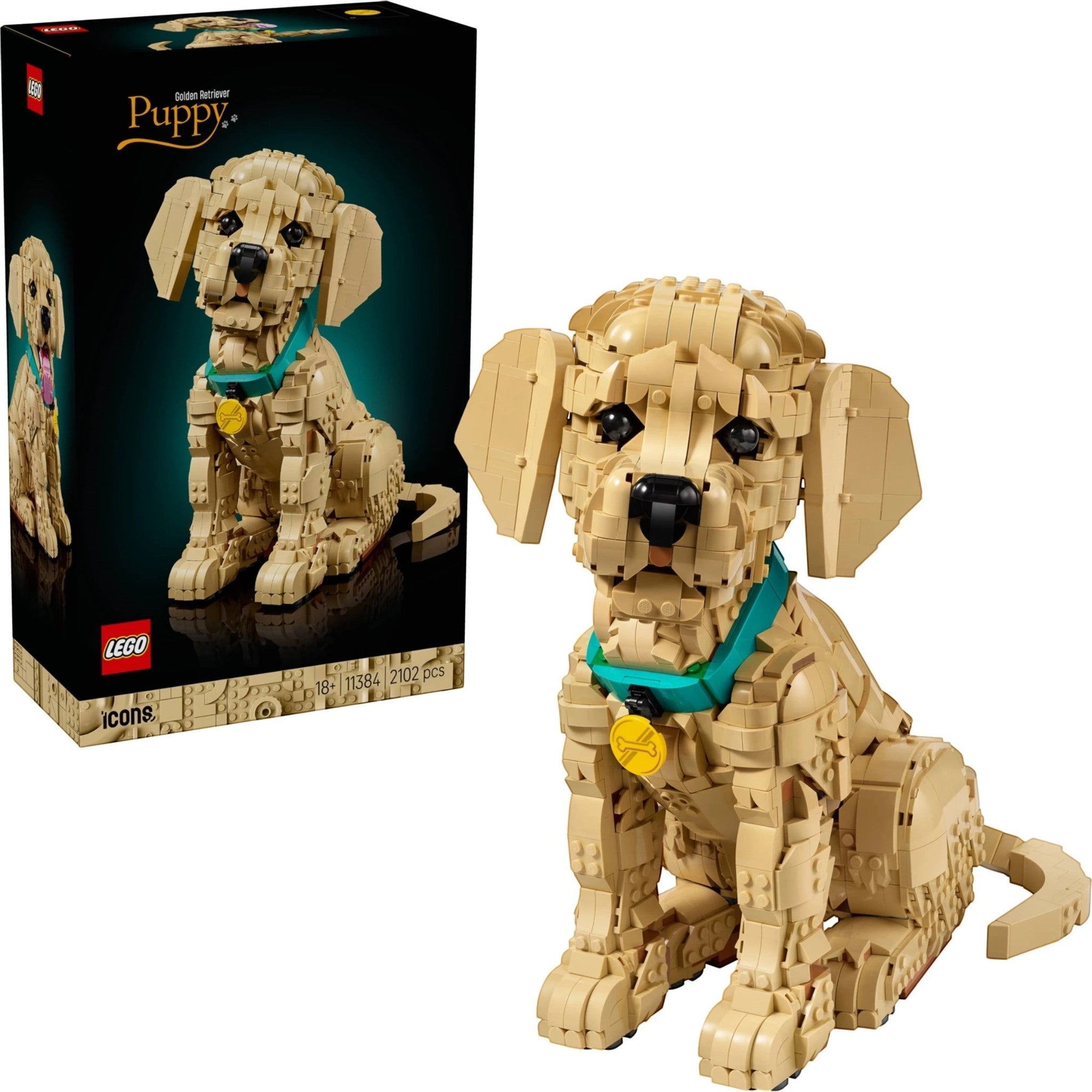 A Brick Apart LEGO Icons Golden Retriever Puppy building set with a posable tan dog figure and its display box.