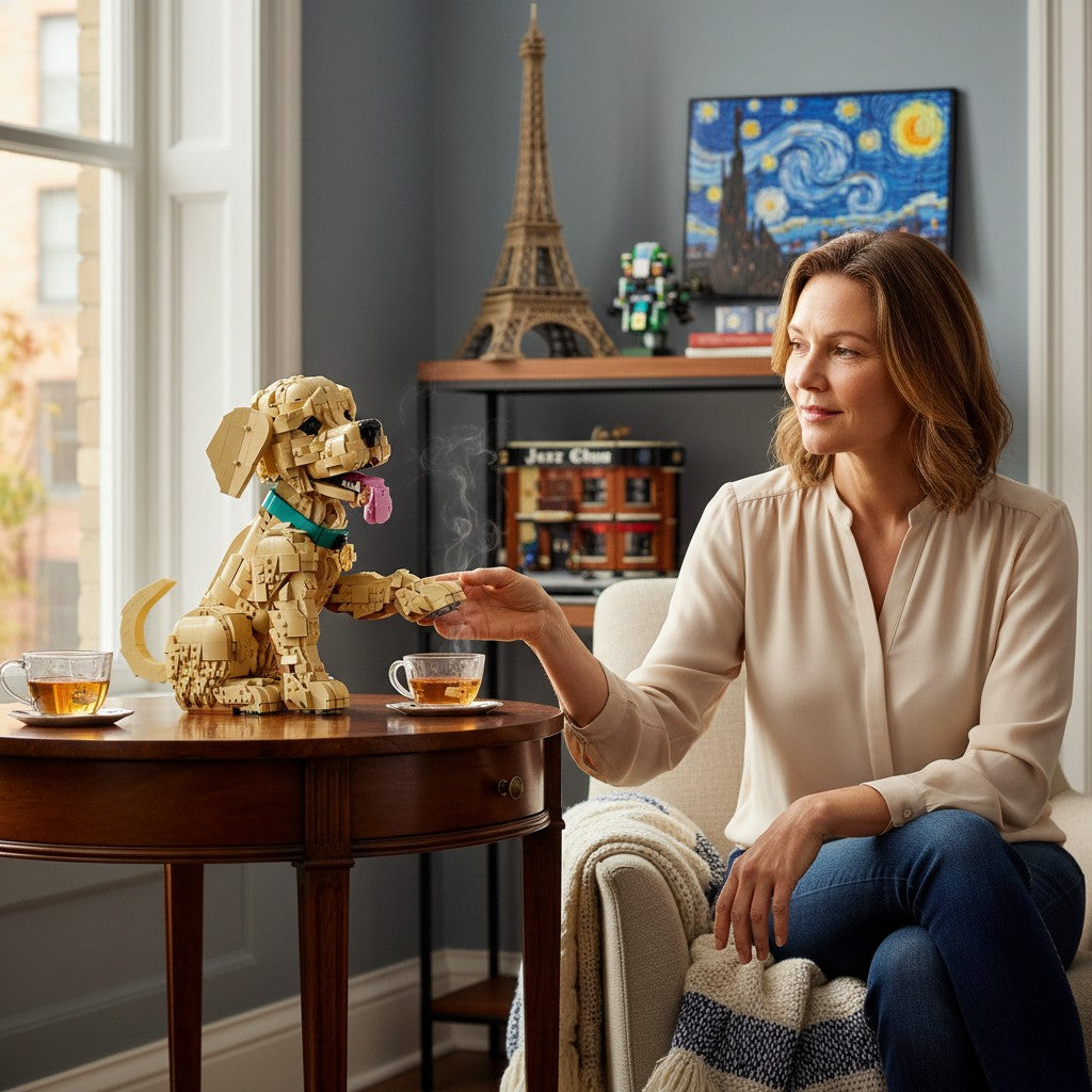 A Brick Apart LEGO Icons Golden Retriever puppy model sitting on a wooden table with a woman reaching out to its paw.