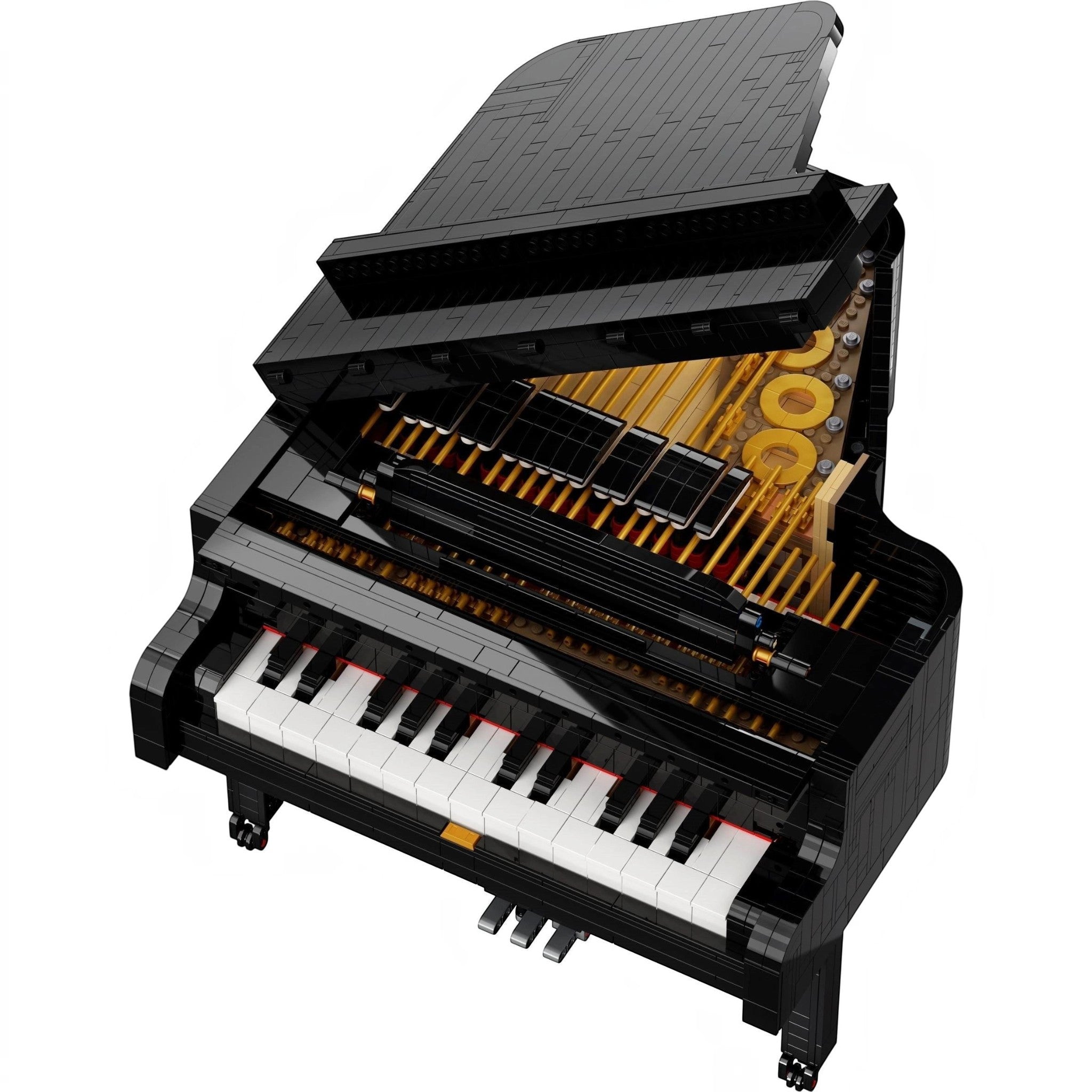 A Brick Apart LEGO Ideas Grand Piano model with black exterior, white keys, and gold interior details.