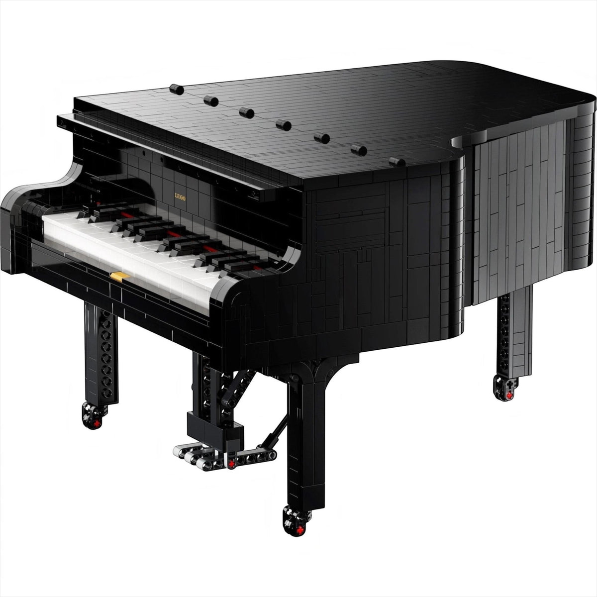 [built-angle] A Brick Apart LEGO Ideas Grand Piano model in black with a realistic keyboard, pedal, and detailed brick construction.