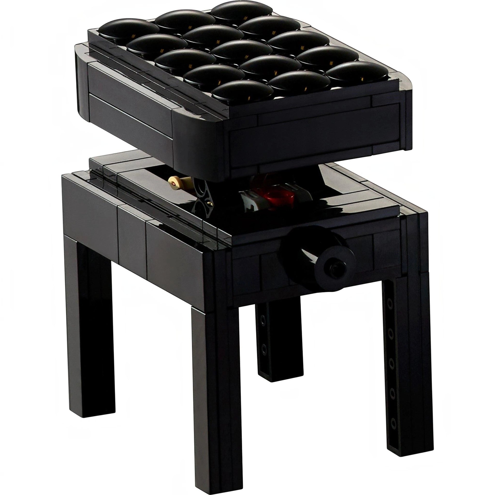 A Brick Apart LEGO Ideas Grand Piano height-adjustable black brick-built bench with a cushioned seat design.