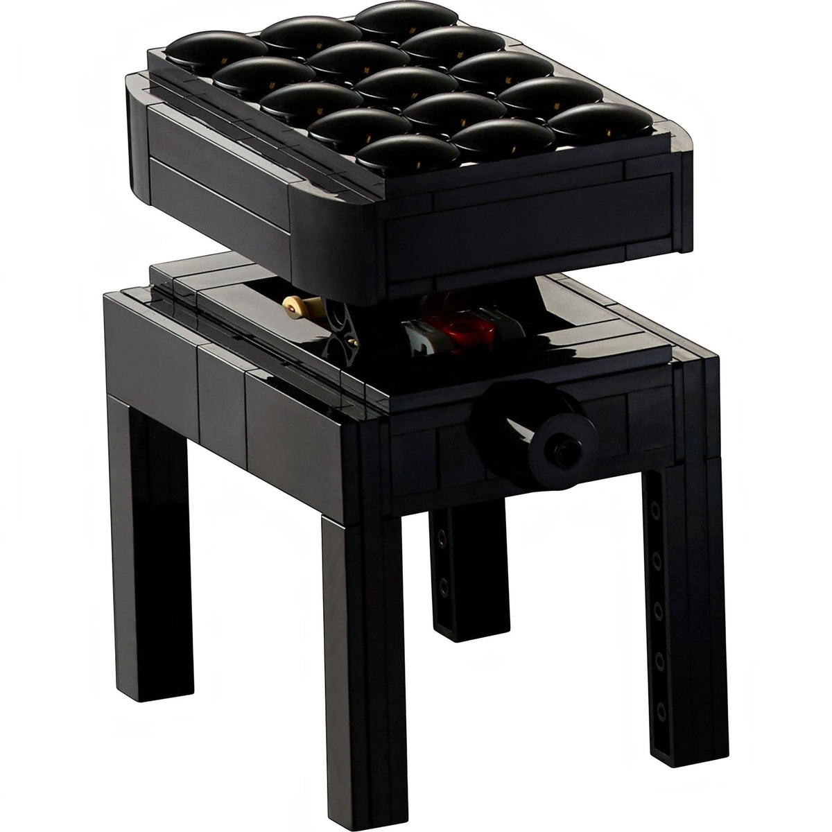 [built-detail] A Brick Apart LEGO Ideas Grand Piano height-adjustable black brick-built bench with a cushioned seat design.