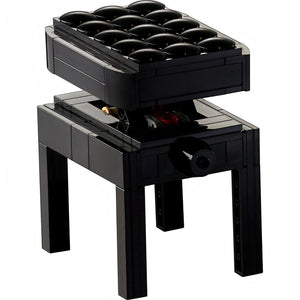 [built-detail] A Brick Apart LEGO Ideas Grand Piano height-adjustable black brick-built bench with a cushioned seat design.