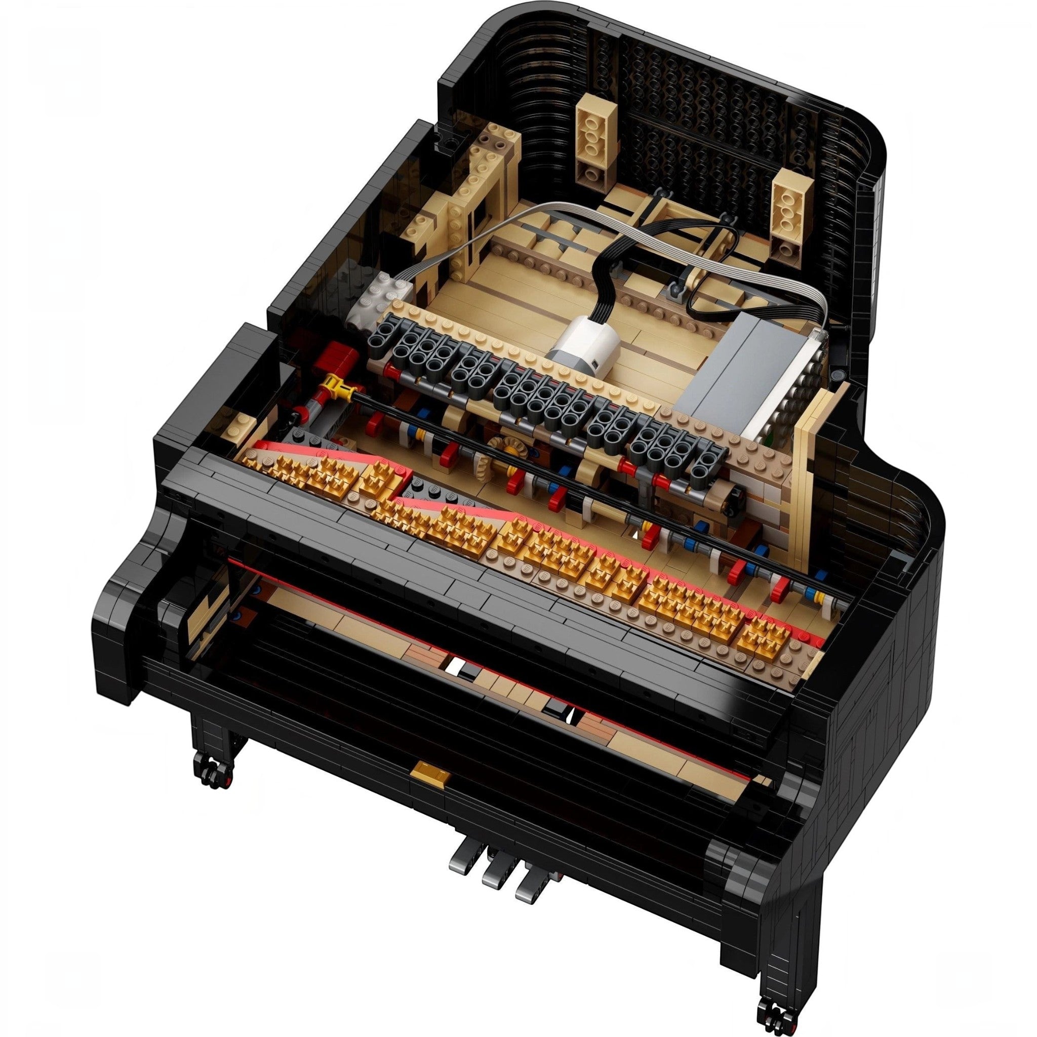 A Brick Apart LEGO Ideas Grand Piano showing the internal hammer action mechanism and electronic components