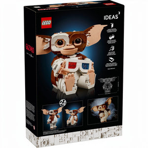 A Brick Apart LEGO Ideas Gremlins Gizmo set box showing the posable brick-built figure with 3D glasses and accessories.