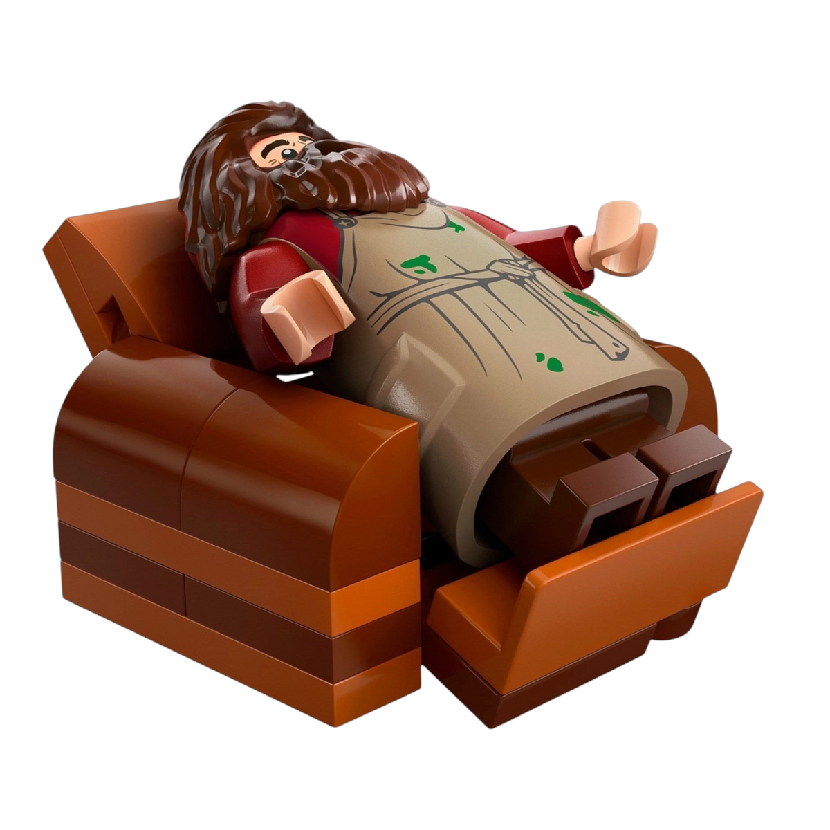 [minifig] A Brick Apart LEGO Rubeus Hagrid minifigure relaxing in a buildable brown reclining armchair from the Harry Potter set.